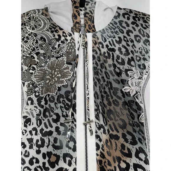Joseph Ribkoff Leopard Print‎ Lace Embellished Zip Front Hooded Jacket Women 12 - Picture 10 of 10